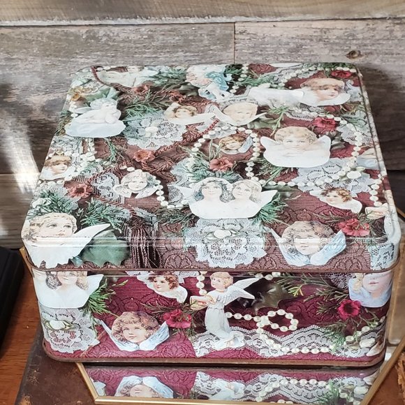 Victorian Tin Box - 8" square - Cherubs, Beads, Lace - Picture 3 of 8